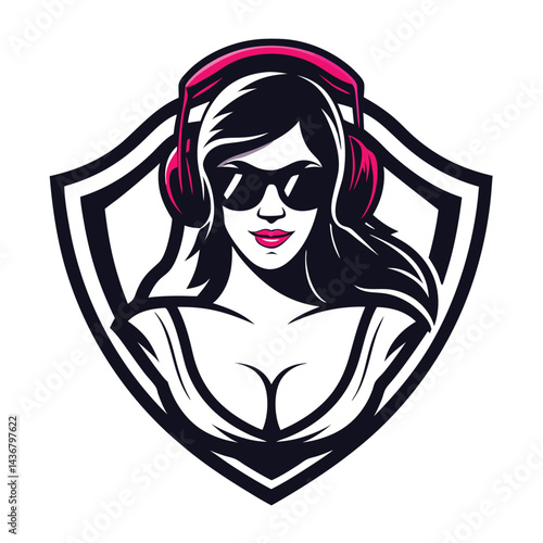 Woman with Headphones and Sunglasses in Shield Design
