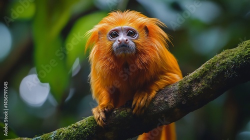 Stunning golden lion tamarin perched on a mossy tree branch vibrant orange fur glowing under the dense rainforest canopy ultra HD wildlife portrait