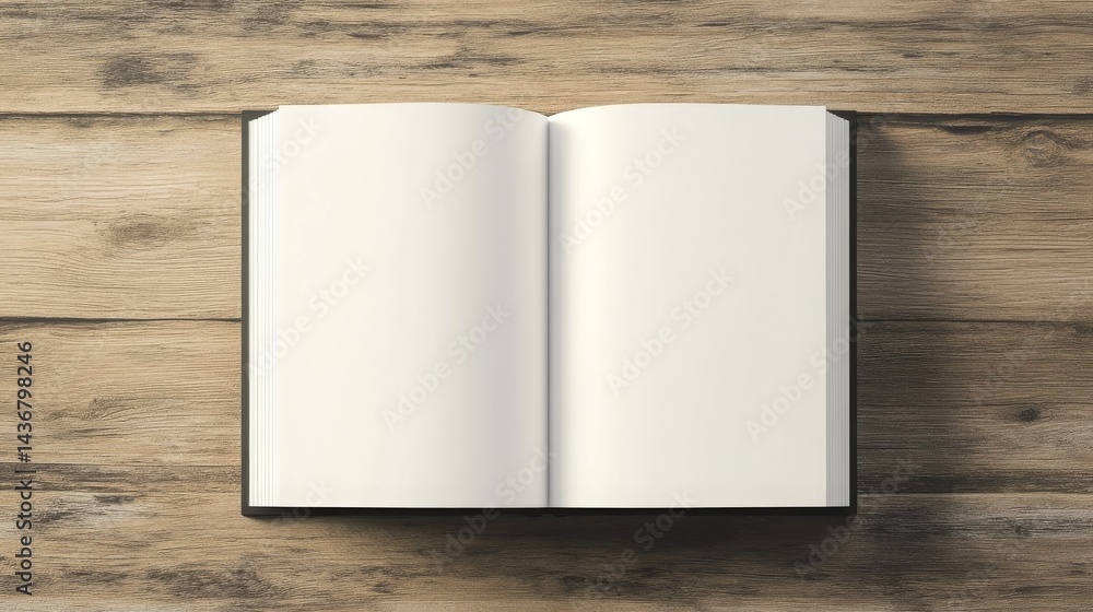 Open white book on wooden table. 3D rendering with space for reading or design themes. 