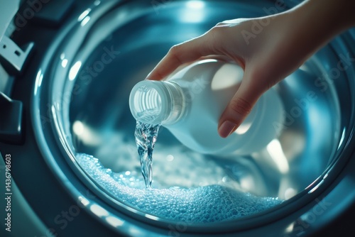 A hand pouring liquid detergent into a washing machine, creating bubbles and foam, with a blue hue in the interior.
