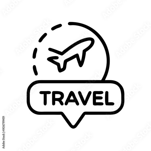 Travel blog icon with airplane and speech bubble in outline style for travel, exploration, and adventure concept