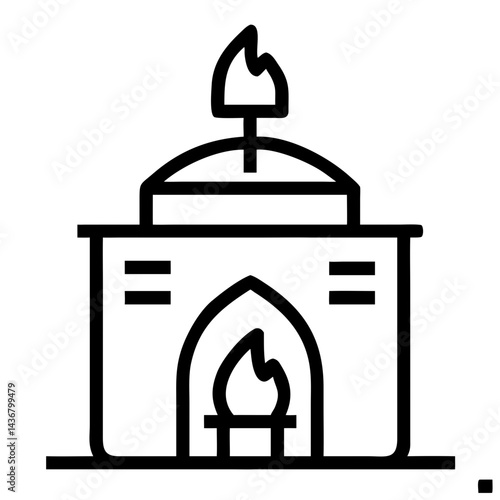 Crematorium icon with flame in outline style for memorial, funeral, and service concept