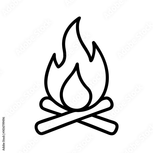 Campfire icon with flame and logs in outline style for outdoor, adventure, and relaxation concept