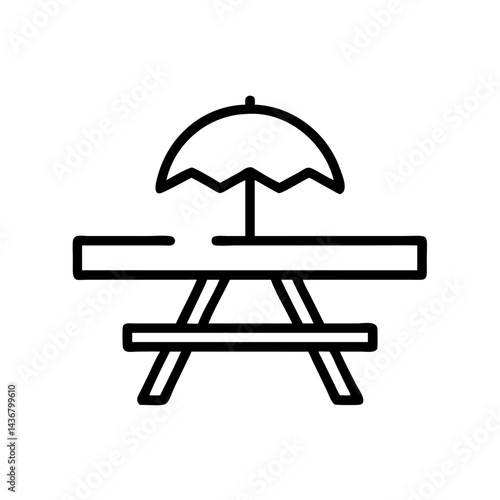 Picnic table icon with umbrella in outline style for outdoor, leisure, and dining concept