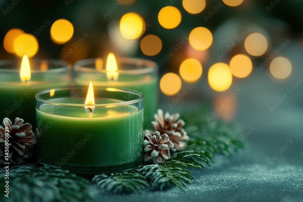 Serene green candles adorned with pinecones, glowing softly amidst a warm, festive backdrop. Serene green candles adorned with pinecones, glowing softly amidst a warm, festive backdrop.