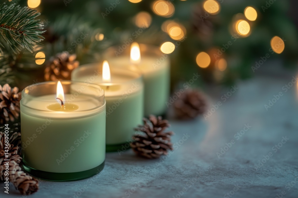 Three lit candles adorned with pinecones and greenery, creating a warm and festive holiday ambiance. Three lit candles adorned with pinecones and greenery, creating a warm and festive holiday ambiance.