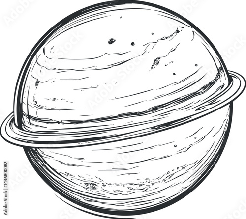 Black and white sketch of a planet with rings representing a celestial body in outer space