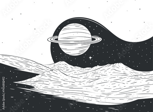 Black and white illustration of a ringed planet in space with mountains and starry night sky