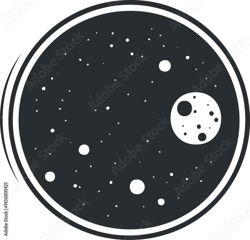 Black and white illustration of a night sky with stars and a moon inside a circular frame