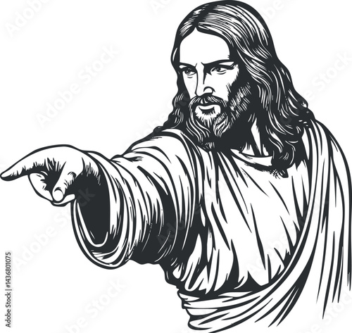 Black and white illustration of Jesus Christ pointing with a serious expression in traditional robe.