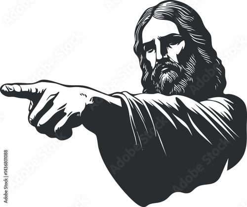 Black and white illustration of Jesus Christ pointing with a serious expression, symbolizing spiritual authority and teaching.