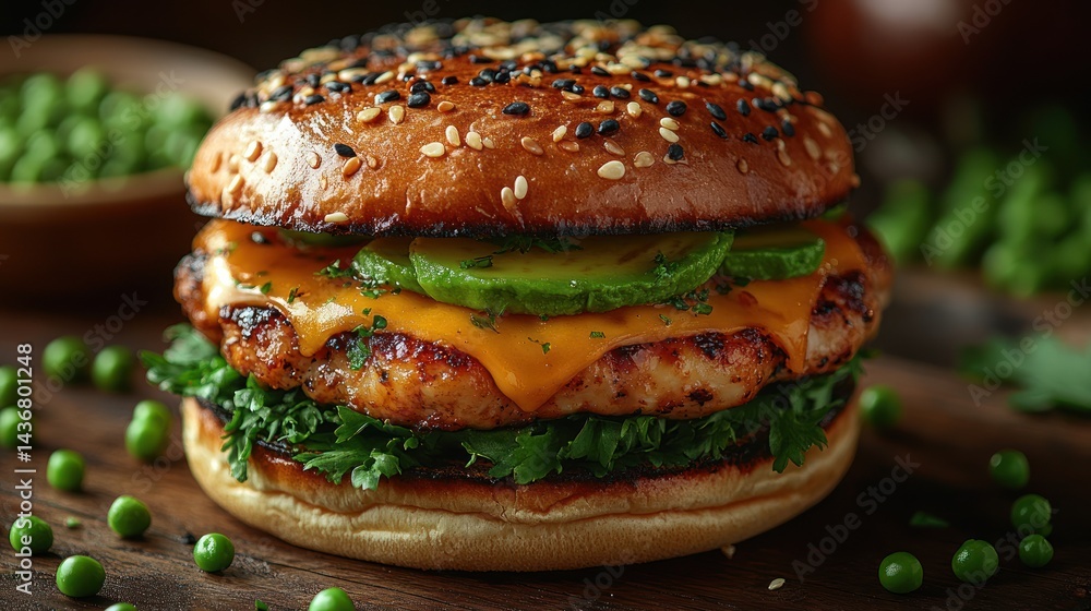 A burger with cheese avocado and peas on a wooden surface. A burger with cheese avocado and peas on a wooden surface.