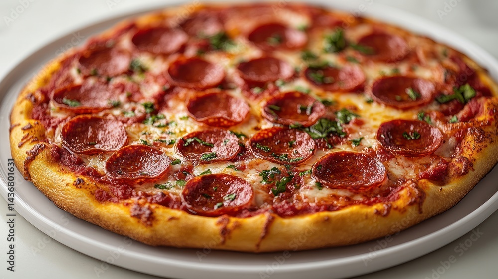 Pepperoni pizza on a white plate with a blurred background. Pepperoni pizza on a white plate with a blurred background.
