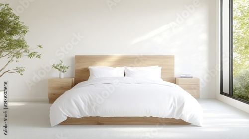 Simple, modern bedroom with natural light and a wooden bed.  Clean lines, white walls, and light-toned wooden furnishings create a serene and calming space. A small potted tree adds a touch of nature