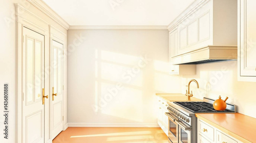 A bright kitchen featuring white cabinets, a stove, and a kettle in a well lit and spacious interior space created with generative ai