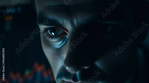 Close up of a man's face with intense gaze and dark lighting focused on the eye and facial features created with generative ai