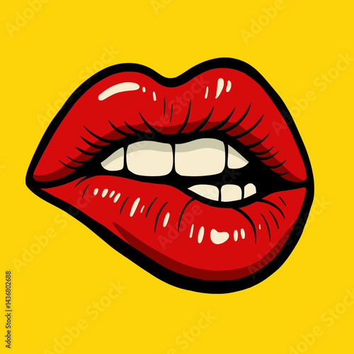 Sexy Red Lips Biting Pop Art Vector
