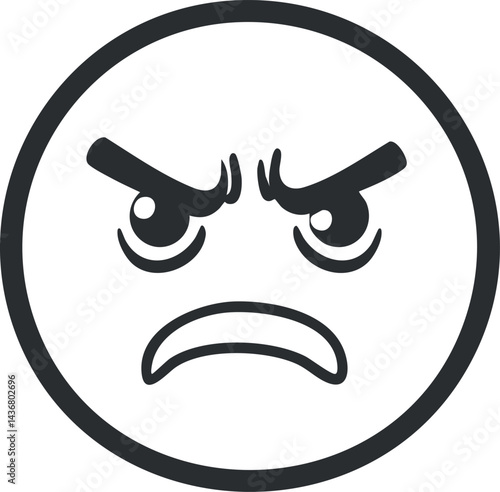 Black and white angry face icon with furrowed brows and frown showing frustration and displeasure