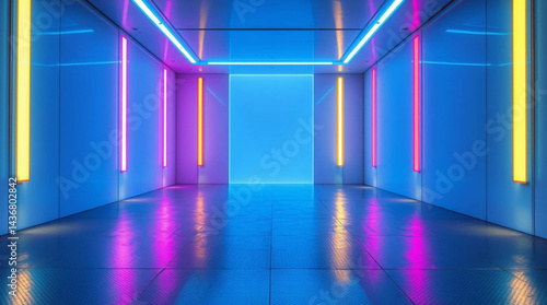Illuminated corridor with neon lights reflecting on a shiny floor creating a futuristic ambiance look created with generative ai