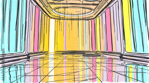 Interior view of a colorful hall with a reflective floor and hanging light fixtures above the room space created with generative ai