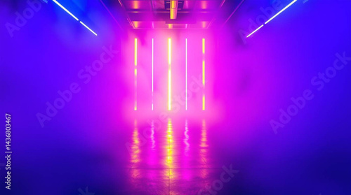Illuminated vertical light bars in a smoky room with blue and purple hues creating a vibrant scene created with generative ai