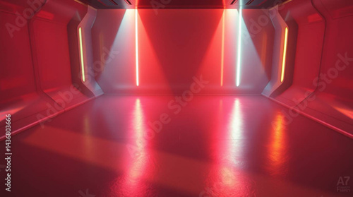 Futuristic corridor with red and white neon lights illuminating a glossy floor and sleek walls design created with generative ai