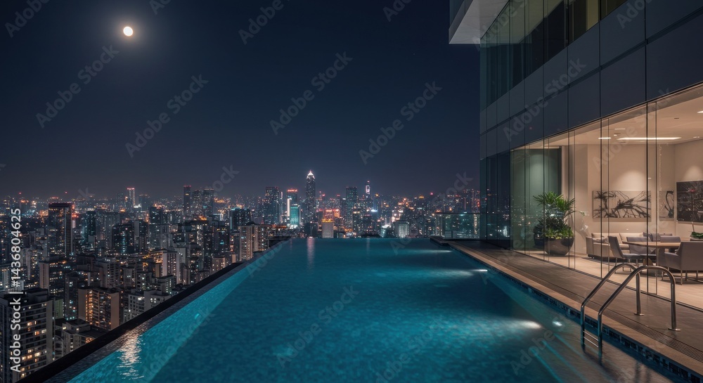 Obraz premium Rooftop Pool and Cityscape at Night - Photo