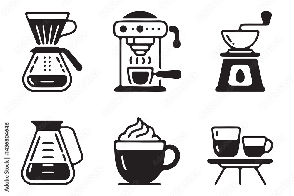 Obraz premium Simple Black and White Coffee Equipment Icons