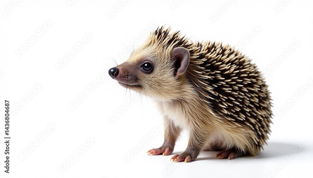 Fototapeta premium Hedgehog standing, facing forward, on pure white backdrop, stock, image