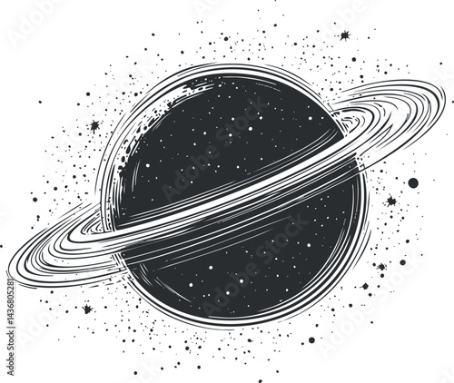 Black and white illustration of a ringed planet surrounded by stars in outer space