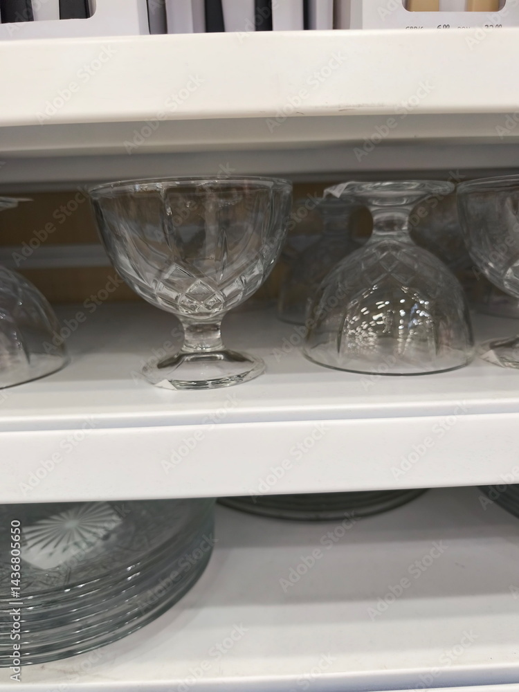 Elegant glass dessert cups arranged neatly on a shelf showcasing intricate designs and crystal clarity perfect for serving sweets and desserts healthy eating concept