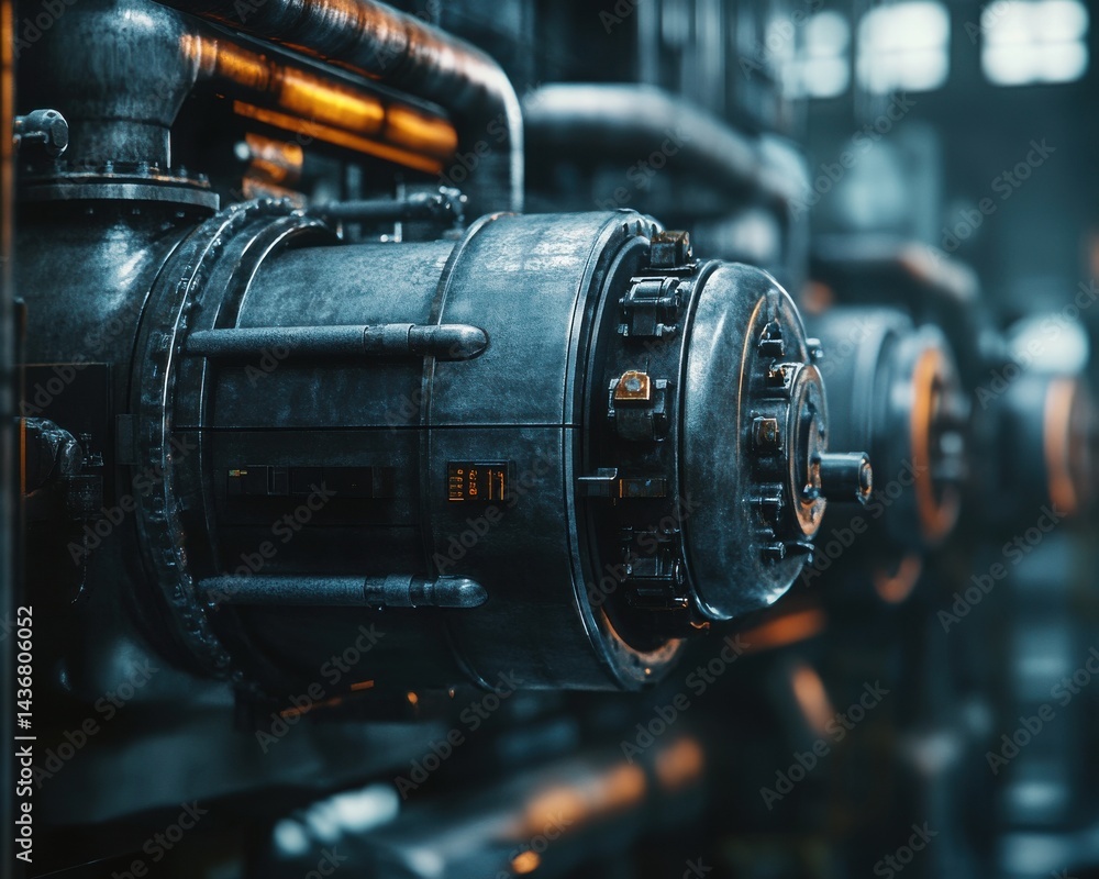 Close-up of an industrial mechanical component with intricate details and a metallic finish. Close-up of an industrial mechanical component with intricate details and a metallic finish.
