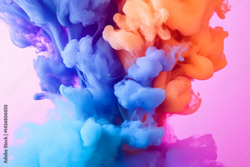 Fototapeta premium Colorful ink splash with vibrant hues of orange, red, purple, and blue against a white background, creating an abstract and dynamic effect