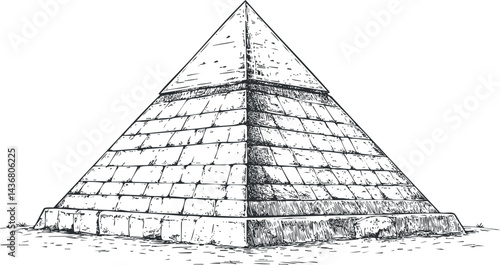 Hand drawn black and white illustration of an ancient stone pyramid monument with detailed block design