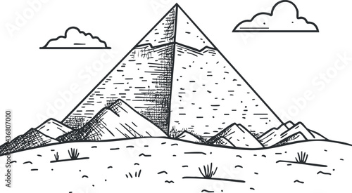 Hand-drawn sketch of an ancient Egyptian pyramid surrounded by desert hills and clouds