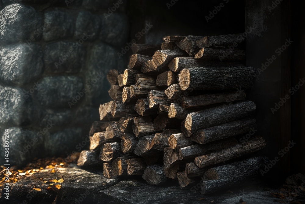 A neatly stacked pile of firewood, showcasing textured logs in warm natural lighting. A neatly stacked pile of firewood, showcasing textured logs in warm natural lighting.