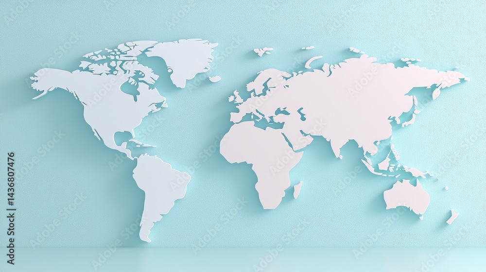 Fototapeta premium Simple world map on light blue background. A clean, minimalist illustration of the world map, rendered in a light pastel blue shade with white outlines. The map's design is simple,