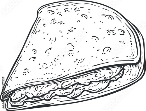 Black and white sketch of a stuffed pita bread sandwich with visible filling inside