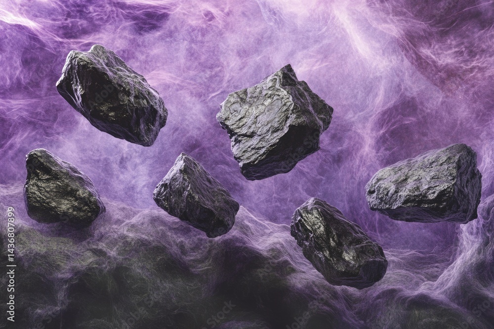 Naklejka premium Dark, metallic rocks float in a purple, ethereal nebula, creating a mysterious and otherworldly scene.