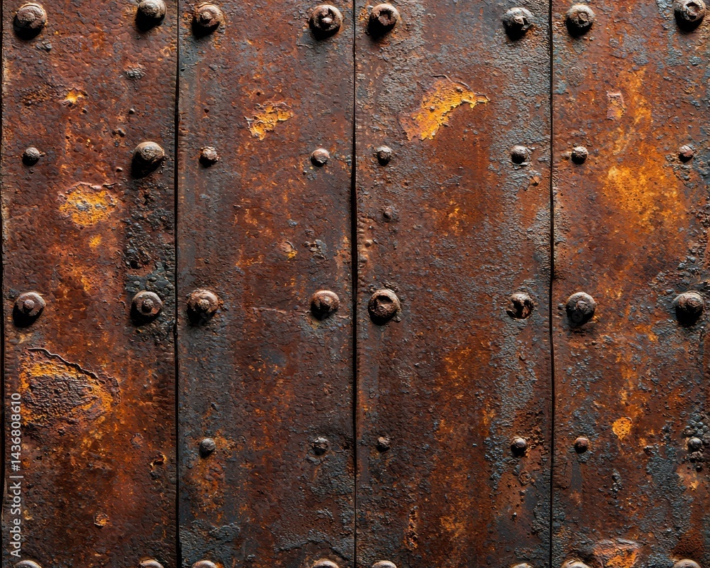 Fototapeta premium Aged, rusty metal plates with rivets, showing texture and corrosion in an industrial, weathered pattern.