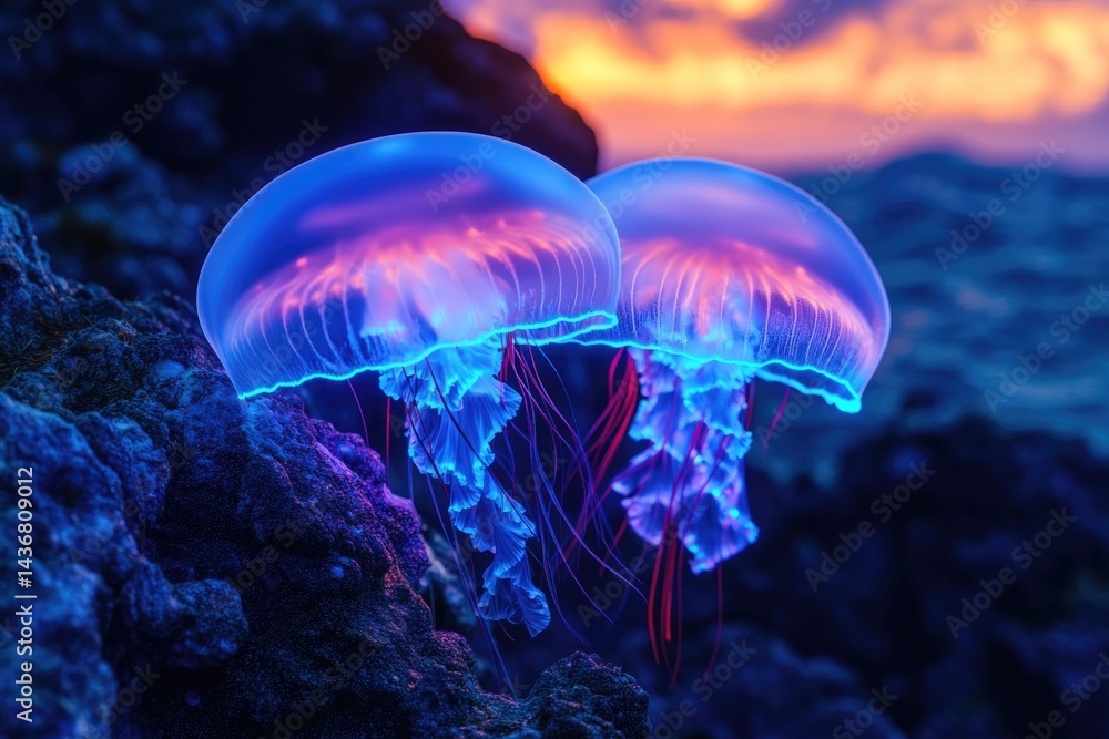 Fototapeta premium Two bioluminescent jellyfish glow vibrantly near rocks at sunset, creating a surreal underwater scene.