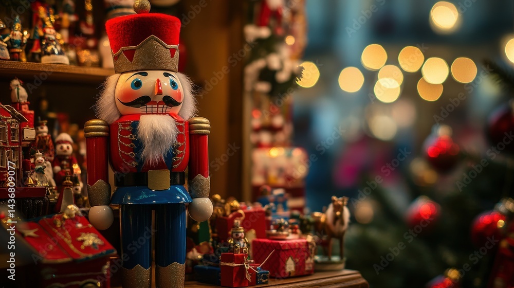 Ornate nutcracker figurine amidst christmas collectibles. Ornate nutcracker figurine amidst christmas collectibles.