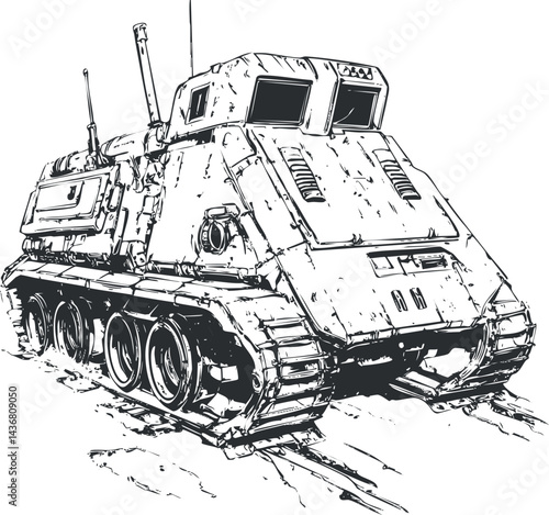 Black and white illustration of a military armored tracked tank vehicle designed for combat and defense