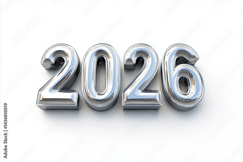 Smoothly rendered number 2026 in metallic style on plain background Smoothly rendered number 2026 in metallic style on plain background
