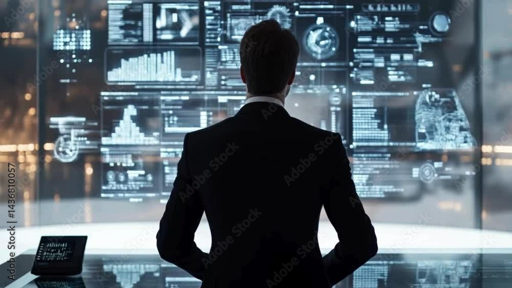 A person is standing looking at a modern technology screen, charts, data in corporate office