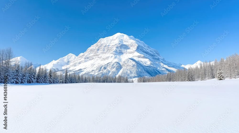 Fototapeta premium Snow-capped Mountain Winter Forest Vibrant Landscape High-resolution Panorama Deep snow Stunning vista Serene winter scene Bright blue sky Ideal for travel brochures