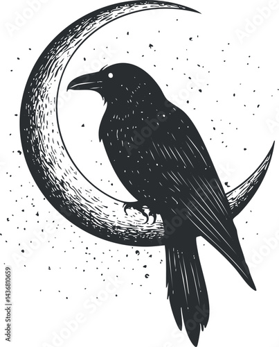 Black raven perched on crescent moon with mystical and gothic night theme illustration