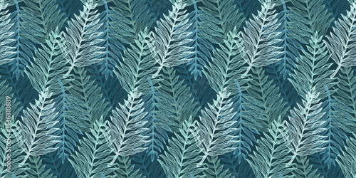 Sketch botanical overlay blue and green tropical fern leaves seamless pattern. Trendy vector linear multilayered exotic leaf print for textile, wrapping paper, surface, cover, web design, background