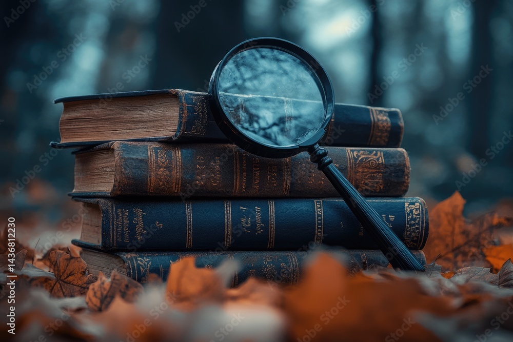 Naklejka premium A magnifying glass rests on a stack of antique books nestled amongst autumn leaves, evoking a sense of mystery and forgotten knowledge.
