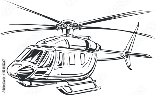 Black and white sketch of a helicopter showing detailed rotor blades and cockpit in flight